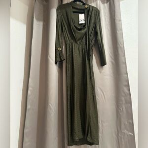 NWT Zara Green Maxi Dress with slit and gold buttons